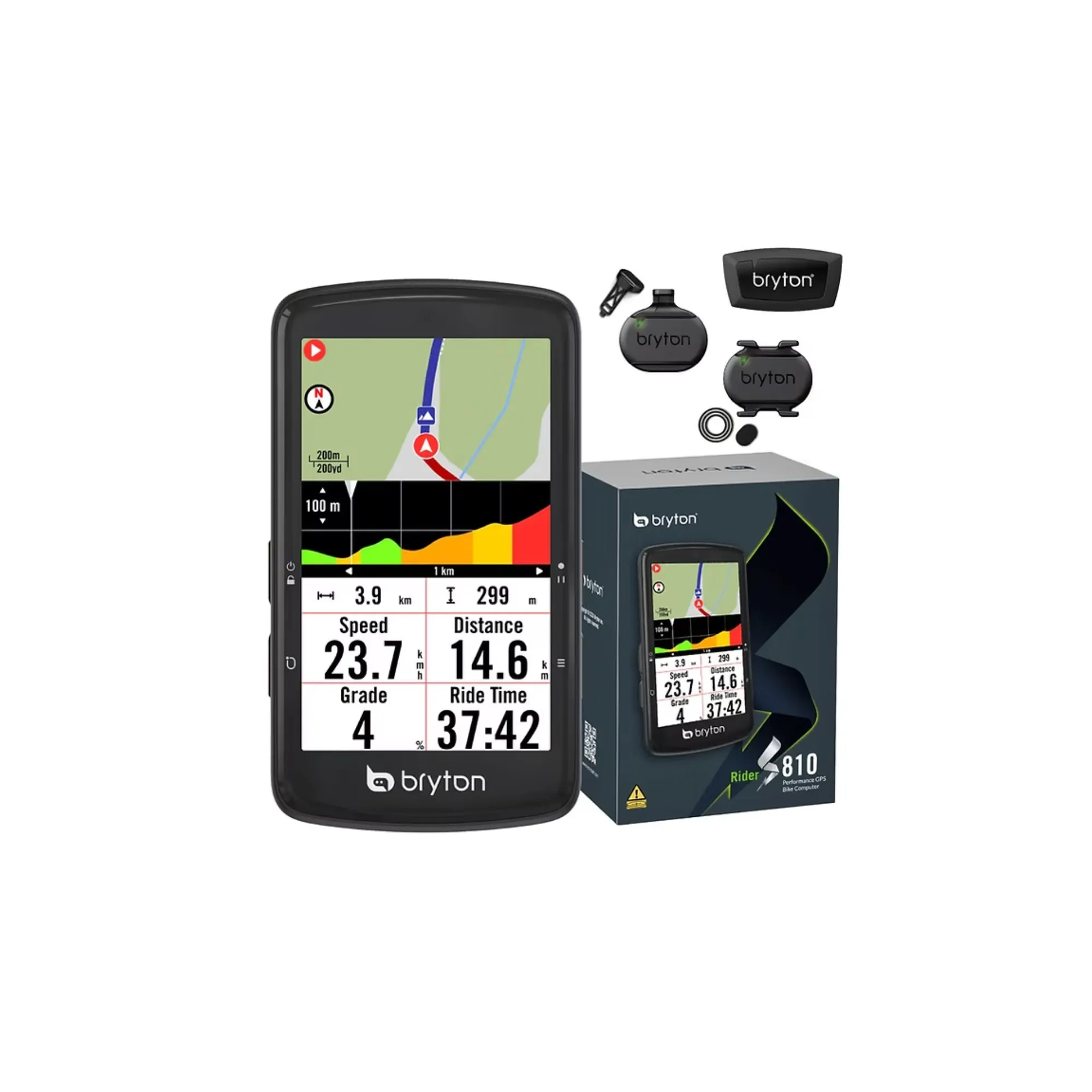 Bryton Rider S810T – GPS kolesarski računalnik z zaslonom na dotik, navigacijo in priloženimi senzorji. Na voljo pri sportr.si.