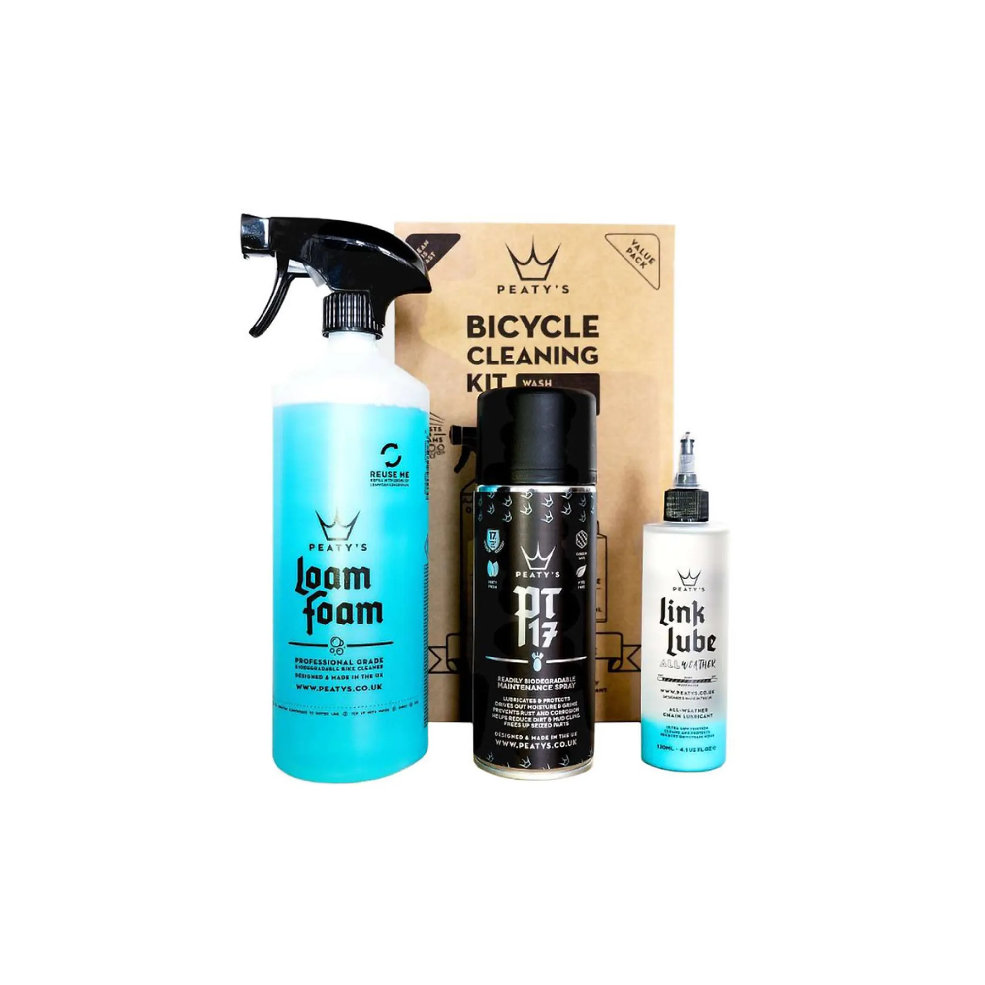 Peaty's Wash Prevent Lubricate Starter Pack – komplet za čiščenje, zaščito in mazanje kolesa, vključno z LoamFoam čistilom, PT17 vzdrževalnim sprejem in LinkLube All Weather mazivom. Na voljo pri sportr.si.